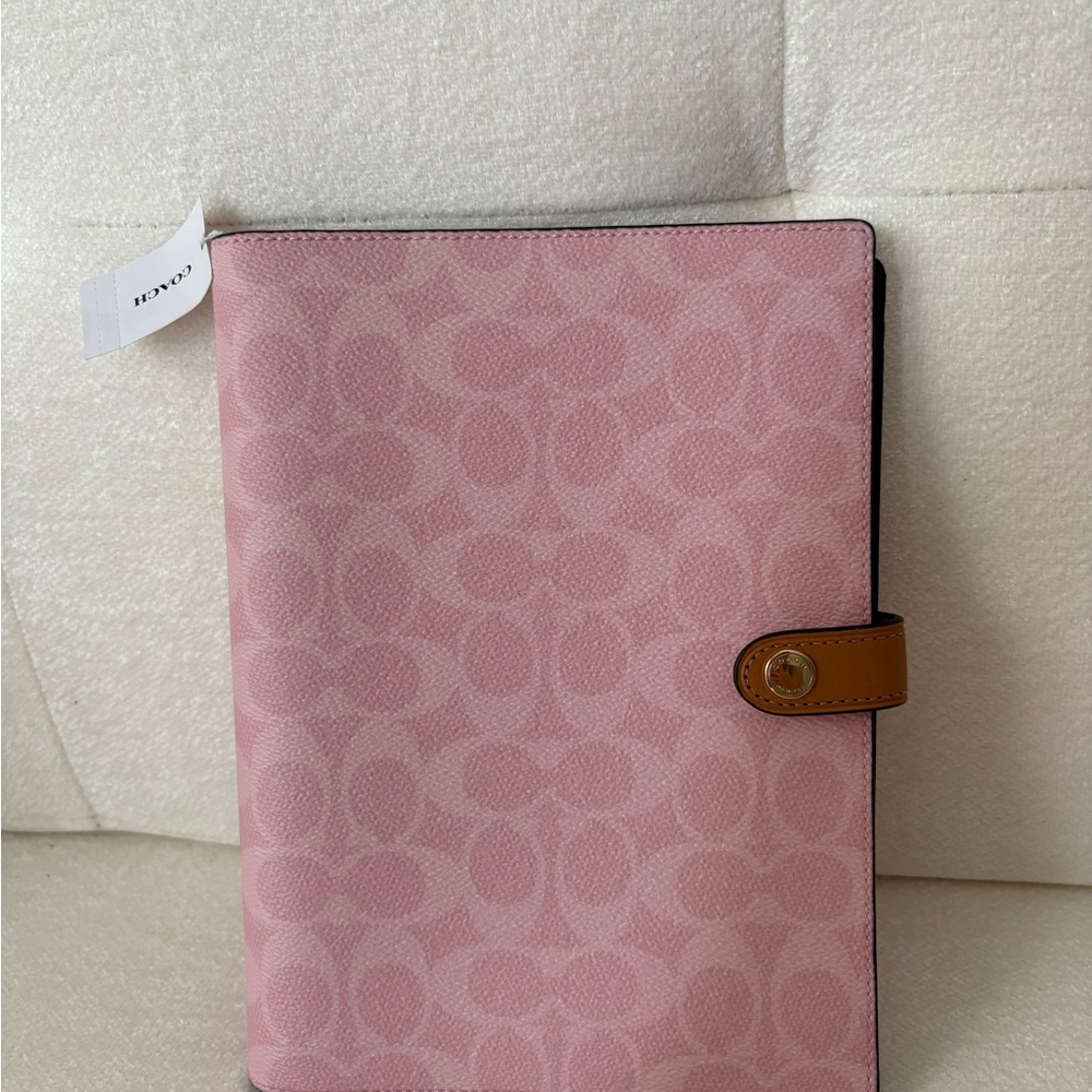 Coach Pink Signature Tab Closure Notebook Cover with Tan Accent